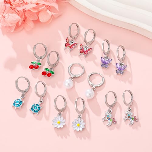 16 Pairs Hypoallergenic Silver Dangle Hoop Earrings for Girls Teens Kids Cute Girls Earrings Animal Small Hoop Earrings Set Pink Jewelry Gift3