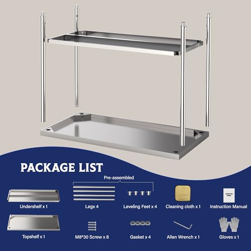 Stainless Steel Table, 48" x 24" Prep Workstation, 1000 LBS, NSF Commercial Work Table with Adjustable Undershelf and Galvanized Legs, for Restaurant, Home, Kitchen, Hotel, Outdoor