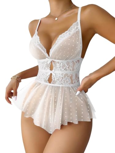 Image of Lilosy Sexy Bows Floral Lace Mesh Babydoll Lingerie Romper