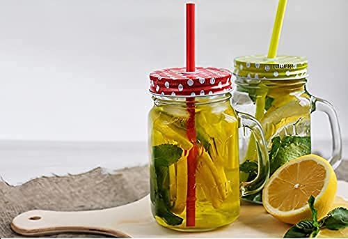 Image of 500 ml Glass Mason Jar, Juice Soft Cold Drinks Mason Mug with Handle and Green Apple Lid and Straw, Transparent (2)