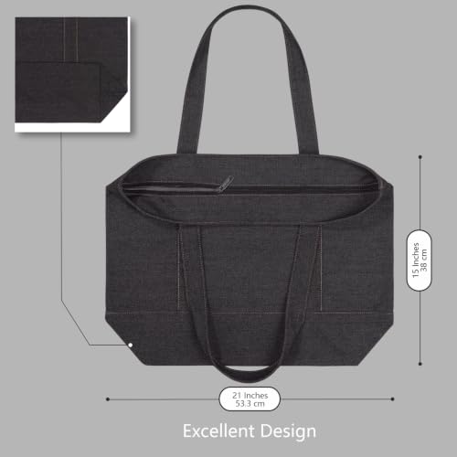 Image of TOPDesign 1-Pack Canvas Tote Bag with an External Pocket, Reusable Grocery Shopping Bag, Top Zipper Closure, Daily Essentials (Washed Black Denim)