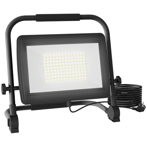 HOMCOM Faro da Cantiere da Lavoro 100W, Faretto da Cantiere da 6500K 8500LM con Testa Girevole e Supporto Regolabile, Faretto a LED in Alluminio e Metallo, Impermeabile IP65, 1.5 Metri di Filo, Nero