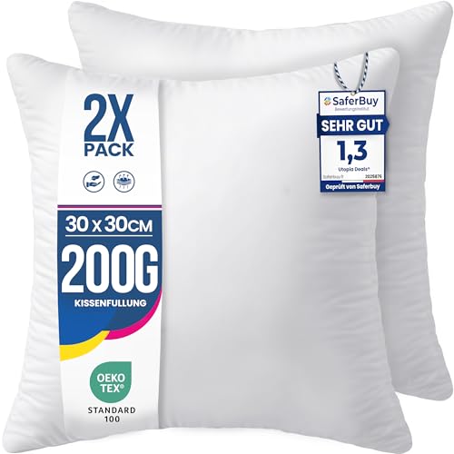 Utopia Bedding 2er Set Kissenfüllung 30 x 30 cm Innenkissen Füllkissen Kopfkissen Sofakissen (Weiß)