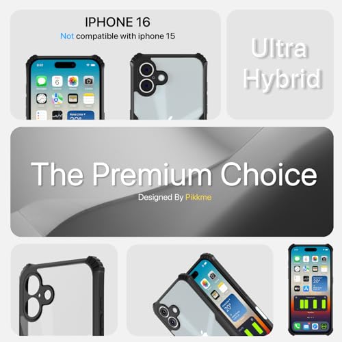 Image of Pikkme Crystal Clear Transparent Back | Ultra Hyrbid | Full Camera Protection | Raised Edge | Bumper Back Case for iPhone 16 (Black)