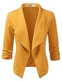 DOUBLJU Women's Casual Work Ruched 3/4 Sleeve Open Front Blazer Jacket with Plus Size Mustard