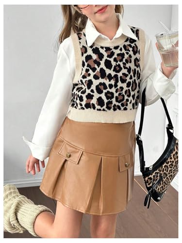 WDIRARA Girl's Leopard Sweater Vests Crew Neck Sleeveless Knit Tank Tops3