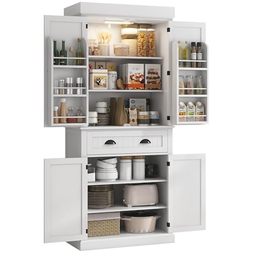 HOMCOM 71 Kitchen Pantry Cabinet with LED Motion Sensor Light Tall Storage Cabinet with 6 Door Shelves Drawer Adjustable Shelves for Living Dining Room White