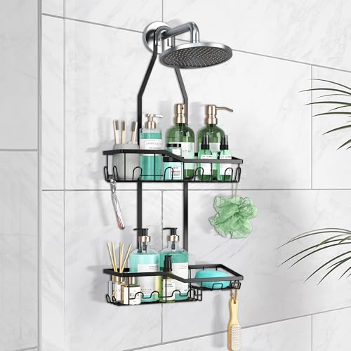 Shower-Caddy-HangingRustproof-Anti-Swing-Shower-Organizer2-Tier-Hanging-Bathroom-Caddy-Anti-swing-and-Non-slipBathroom-Organizer-with-18-Hooks-for-RazorSponge-Black-Large