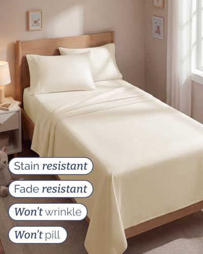 Image of Twin 4 Piece Bed Sheet Set - Comfy, Breathable & Cooling Sheets - Off White | Ultra Soft Hotel Luxury Bedding Set with 8-16 Inch Deep Pockets, 1 Flat & 1 Fitted Sheet & 2 Pillowcases, Wrinkle & Fade Free