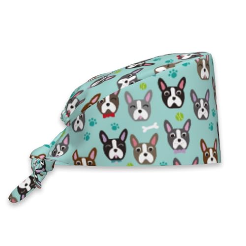 Working Cap Scrub Cap with Sweatband Adjustable Tie Back Hat Lightweight Nurse Surgical Caps Unisex Women Men (Cute Boston Terrier French Bulldog)