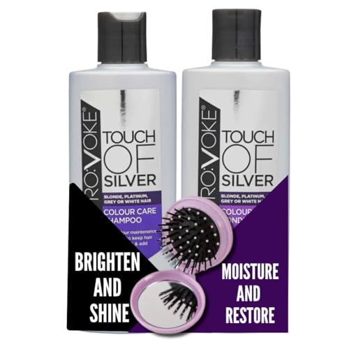 Provoke Touch Of Silver Colour Care Bundle Neutralising Purple Shampoo & Conditioner (200ml Each) with Folding Hairbrush and Mirror Brightens & Protects Colour Restores Moisture for Radiant Hair