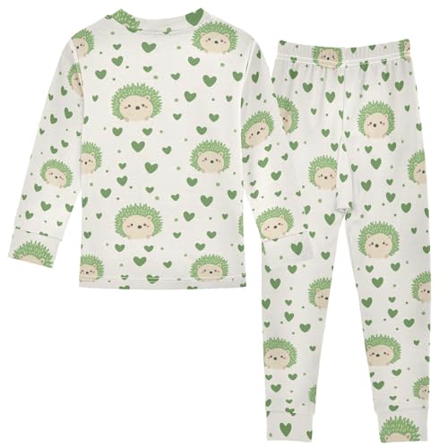 Fustylead Cute Cartoon Hedgehog and Green Hearts Pajamas Cotton Sleepover PJ Set Long Sleeve Lounge Wear2