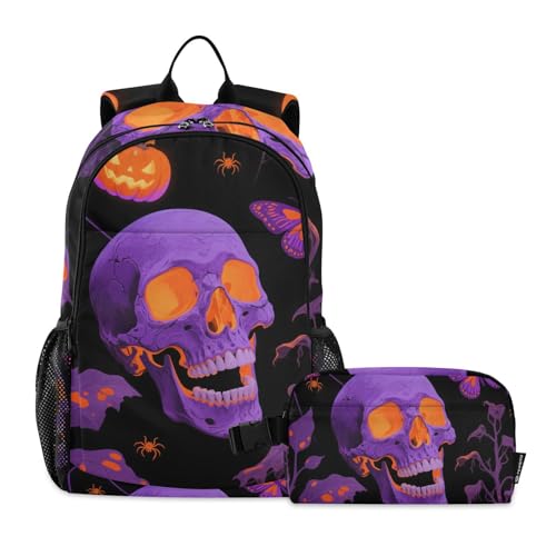 KLL Halloween Yellow Pumpkin Skull Bookbag For Teen Girls With Lunchbox (scenario) Backpack For Girls 10-12