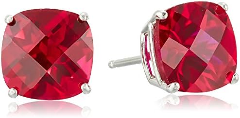 Amazon Collection 925 Sterling Silver 8mm Cushion Cut July Birthstone Created Ruby Stud Earrings for Women
