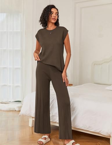 Image of Ekouaer Lounge Sets for Women Two Piece Outfits Knit Cap Sleeve Tops Wide Leg Pleated Pants Casual Dressy Sweater Sets