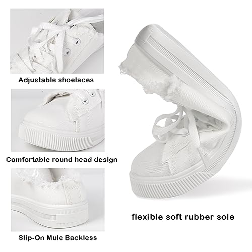 QZUnique Women's Canvas Sneakers, Slip-On Mule Backless Low Top Fashion Walking Shoes for Summer, White Lace up Casual Classic Comfortable Clipper Sneakers2