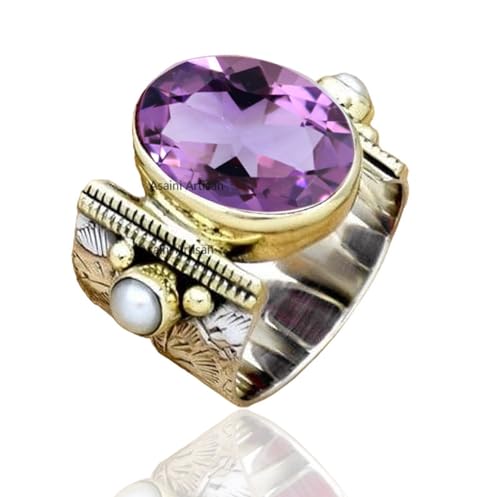 10x14 MM Oval Gemstone Solid 925 Sterling Silver Two Color 15MM Wide Band Ring with Tiny Freshwater Pearl Accents for Women Gift