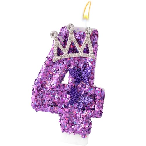 Födelsedagstal Ljus, Kronfjärils Födelsedagsljus Lila Tårttopp med Pailletter Partydekoration för Jubileumsfiranden Tillbehör (4)