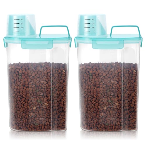 LEAWALK Airtight Small Cat Dog Pet Food Storage Containers BPA Free, with Large Pour Spout/1 Measuring Cup/ 4 Safety Locks and Double-layer Silicone Strip (Clear Blue x 2, 3L-2pack)