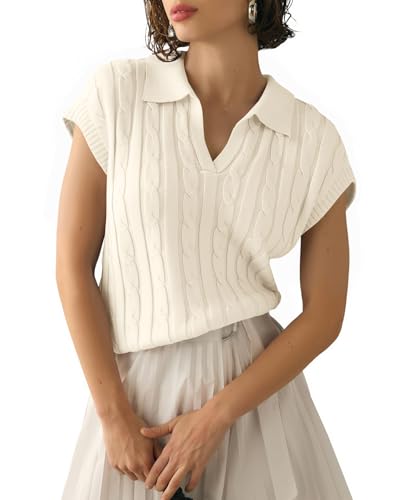Saodimallsu Womens V Neck Polo Sweater Vest Cable Knit Cap Sleeve Spring Summer Casual Loose Pullover Tops Beige