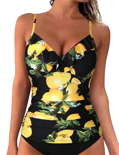Image of Hilor Women's Tankini Tops Shirred Ruffled Swimsuits V Neck Swimwear Top