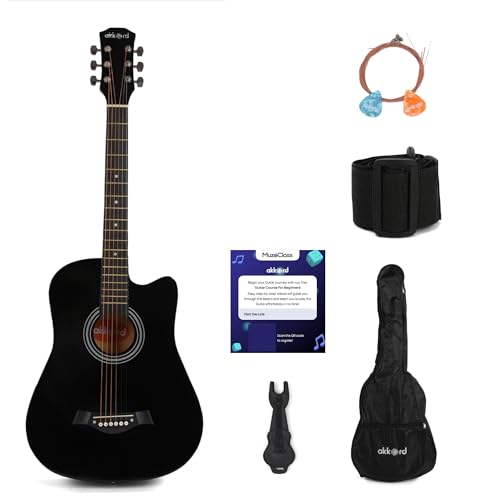 Image of AKKORD Basswood 38 Inch Acoustic Cutaway Guitar Kit With Gigbag, Strings, Picks, Strap And Key - Glossy Black | Complete Guitar Kit For Beginners With Free Course