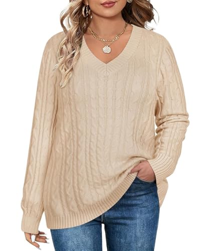 Image of TIYOMI Plus Size Sweaters for Women 2025 Long Sleeve Pullover Sweaters V Neck Casual Fall Tops Loose Winter Knit Sweater
