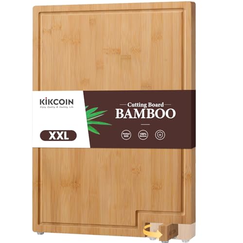 Kikcoin Bamboo Cutting Boards for Kitchen, 2XLarge Wood Cutting Board with Rotating Kickstand & Juice Groove, Wooden Chopping Board for Meats Veges Fr