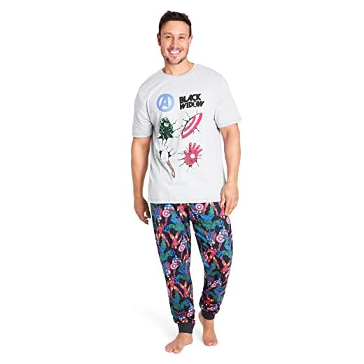 Marvel Conjunto de Pijamas para Hombres Black Widow | Ropa de Dormir de Manga Corta Algodón | Pijama de Hombre Loungewear con Camiseta y Pantalones Cómodo (Gris, S)