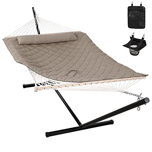 Image of ANOW 2 Person Hammock with 12FT Stand, Heavy Duty Rope Hammock, Light Brown