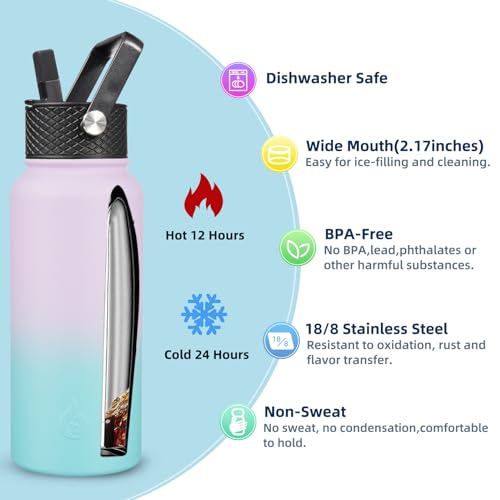 Image of BJPKPK Insulated Water Bottles with Straw Lid, 32oz Metal Large Water Bottle with 3 Lids, Reusable Leak Proof BPA Free Thermos, Stainless Steel Canteen Water Bottle for Sports, Gym & Travel-Oasis