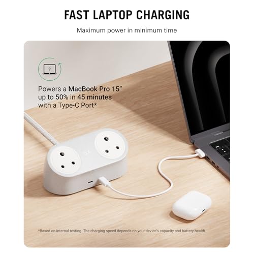 Image of DailyObjects Loft Charging Station - 2 Type-C Ports - 65W, 2 Type-D Ports - 2500W, 5ft Long Cable, Compatible with All Devices, Supports Laptop Charging for Office, Home Appliances, GaN5 - White
