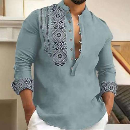 HOTYD Mens Aztec Print Linen Shirts Band Collar Long Sleeve Half Button Henley Shirts Summer Beach Casual Hawaiian Shirts2