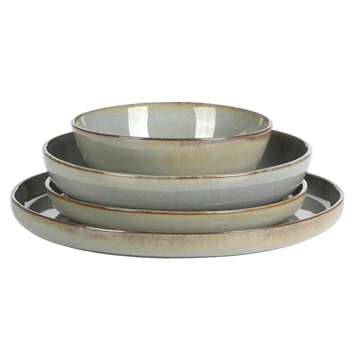 Image of Gibson Elite Berea 16 Piece (Service for 4) Plates and Bowls Reactive Glaze Round Dishes Stoneware Ceramic Dinnerware Set -Green