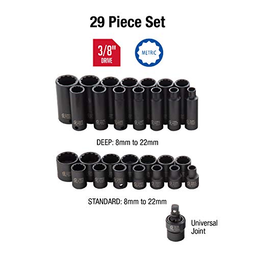 Sunex 3330, 3/8" Drive Master Impact Socket Set, 12 Pt., 29Piece, Metric, 8Mm-22Mm, Standard/Deep, Cr-Mo Steel, Heavy Duty Storage Case, Includes Universal Joint #TOP1