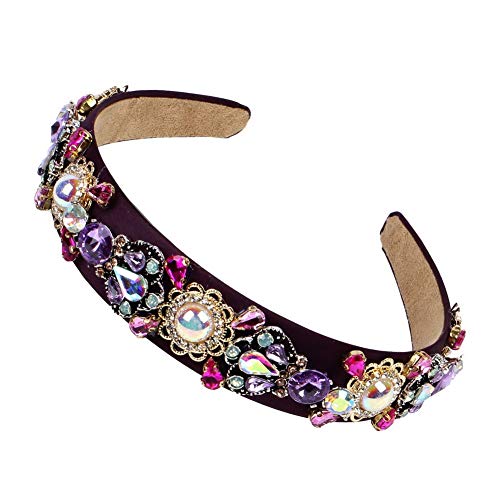 Colorful Crystal Flower Charm Luxury Jeweled Headbands for Female Fashion Baroque Head Hoop Band Pearl Accessories (Purple)