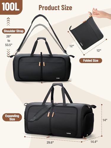 Image of Lekesky Foldable Travel Duffle Bag for Women, 100L Large Duffel Bag with Separate Shoes Compartments & Straps, Carry On Weekend Bag for Women, Hospital, Overnight (Black)