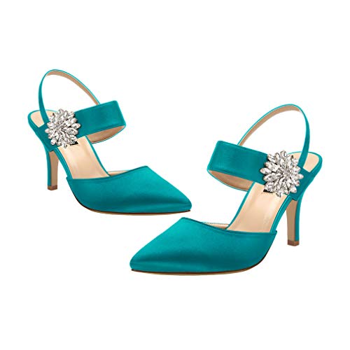 Image of ERIJUNOR Mid Heel Shoes for Women Pointed Toe Slingback Rhinestone Brooch Satin Dress Pumps Evening Prom Wedding Shoes