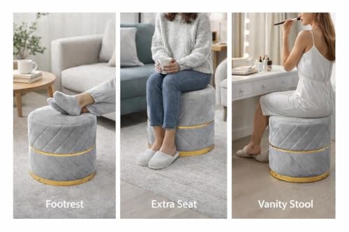 Image of Premium Velvet Puffy Ottoman Stool for Living Room | Round Footrest with Diagonal Channel Stitching & Gold Metal Base | Luxury Pouffe for Bedroom & Dressing Area (Set of 2 Light Grey)