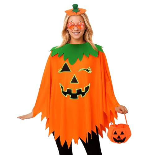 HERMORRYSS Disfarce de abóbora, disfarces de Halloween, com óculos de abóbora, adorno para a cabeça e saco, xaile luminoso, festival divertido bonito disfarce, conjunto de papel para crianças e