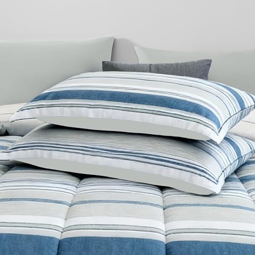Image of Monbix Full Size Comforter Set - 7 Pieces Bed in a Bag Full, Blue-Stripe Bedding Sets, All Seasons Comforter Bed Set with Sheets, Pillowcases & Shams