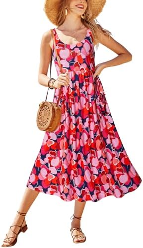 Newshows Summer Dress 2024 Sundresses for Women Casual Beach Vacation Outfits Floral Bohemian Flowy Spaghetti Strap Maxi Long Dresses with Pockets(Floral01, Medium)