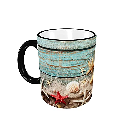 Nautical Wooden Beach Coastal Sand Starfish Sky Beachy Coffee cups DIY Coated Ceramic Mug ​for Soup, Tea, Milk, Latte, Hot Cocoa etc