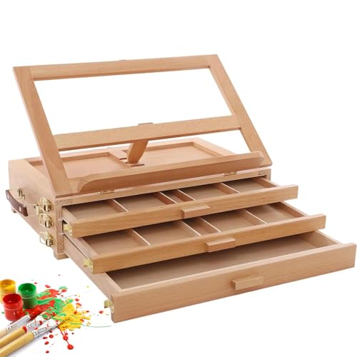Caballete portátil de escritorio con 3 cajones, ángulo ajustable, soporte de exhibición de pintura de madera de haya para artistas y estudiantes