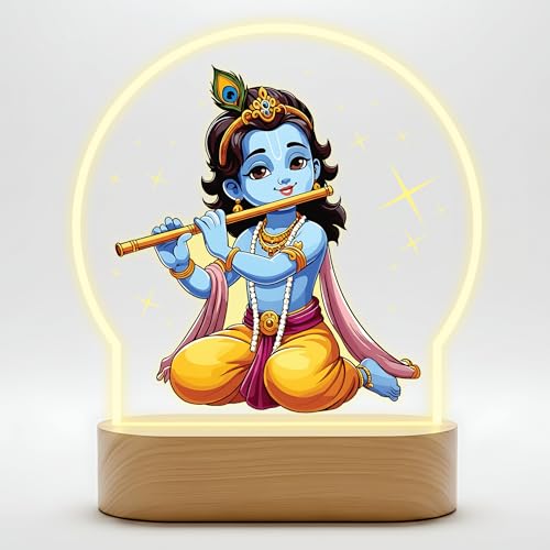 Image of Giftplease Sitting Bal Krishna Flute LED Lamp - Vibrant Printed Night Light with Warm Glow - Divine Murali Manohar Decor for Home Mandir, Kids Room & Gifting GL 08