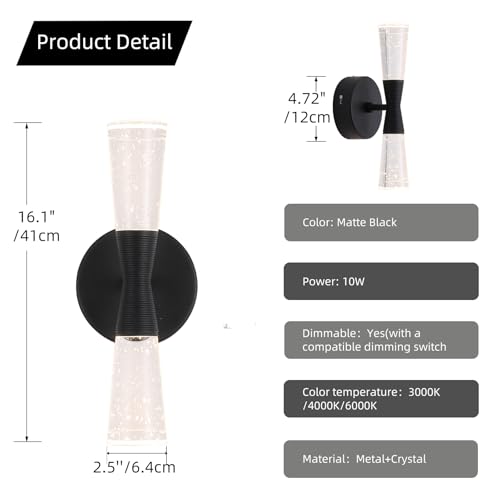 Image of JoollySun Black Wall Sconce Crystal: Dimmable 3-Color (3000K-6000K) LED Bathroom Lighting for Hallway Bedroom Decorative