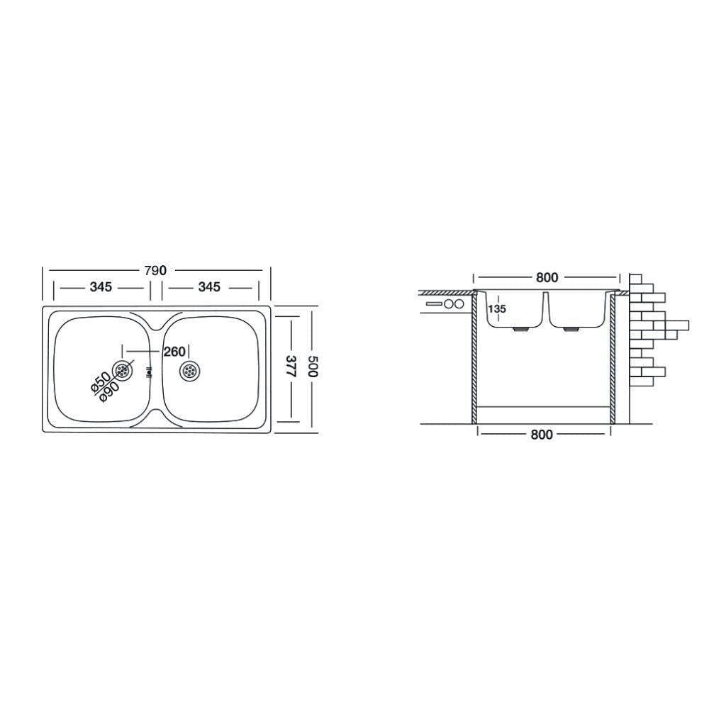 Lavello da Cucina Due Vasche in Acciaio Inox da Incasso 50x79 Cm