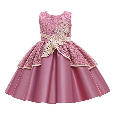 VEOAY Girl Lace Satin Pageant Dress Girls Pearl 3D Flower Girl Dress Baby Girl Party Dress Fancy Girls Communion Dresses Dance Evening Gown 3T 4T(BeanPaste 110) Cover