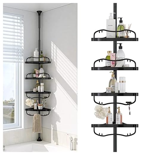 Suporte de chuveiro de canto com haste de tensão – Suporte de aço inoxidável à prova de ferrugem com prateleira de 4 níveis para organizador de banheira de banheiro, ajustável de 137 a 289 cm – preto