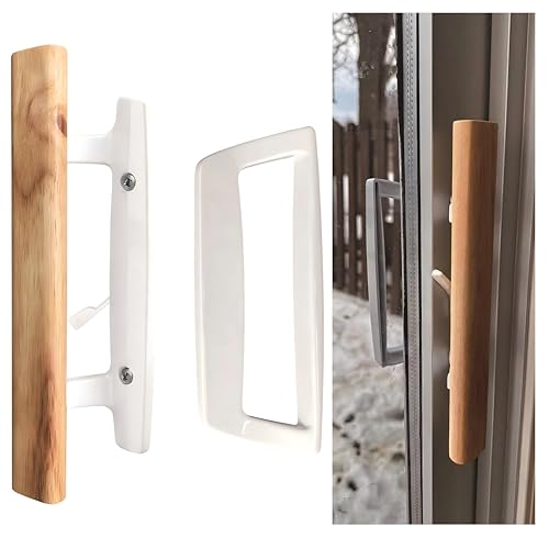 Ruigrit Sliding Glass Door Handle Set Mortise Lock 45 Keyway White Diecast Finish Oak Wood Interior Fits 3-15/16 Hole Spacing Non-Handed